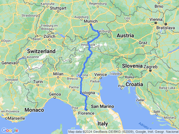 Map of Munich to Florence
