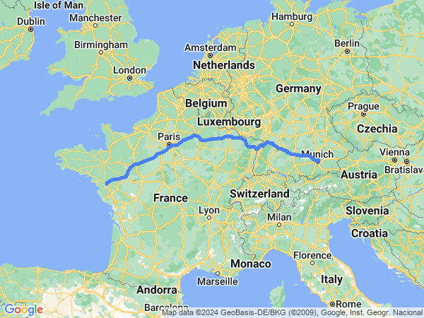 Map of Munich to Nantes