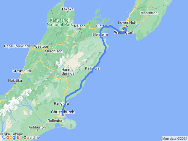 Map of Wellington to Christchurch