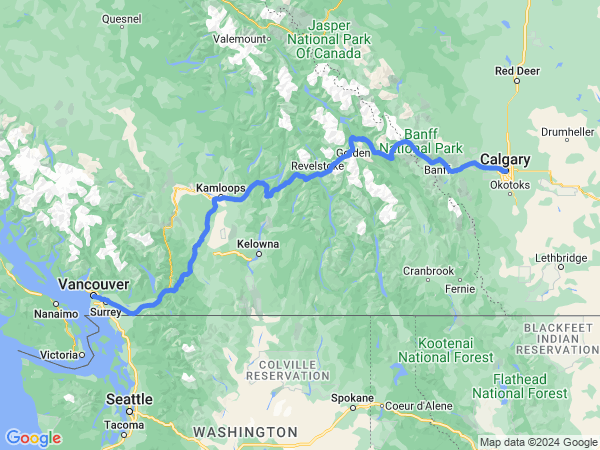 Map of Vancouver to Calgary