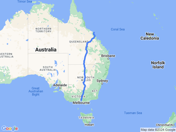 Map of Airlie Beach to Melbourne