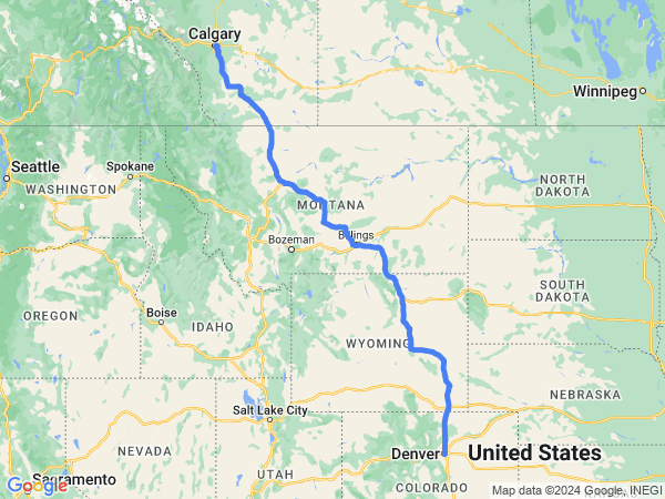 Map of Denver to Calgary