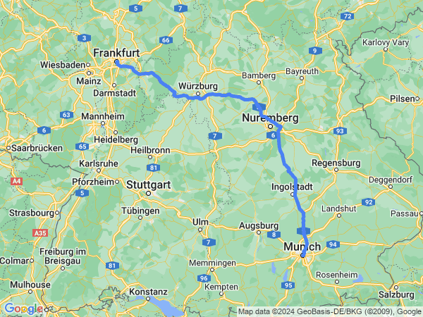 Map of Munich to Frankfurt