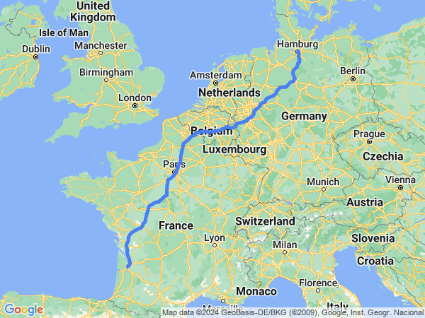 Map of Bordeaux to Hamburg