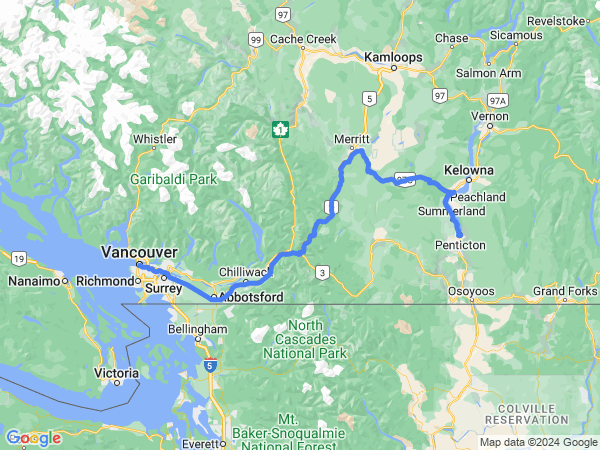Map of Vancouver to Penticton