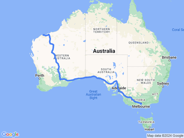 Map of Karratha to Melbourne