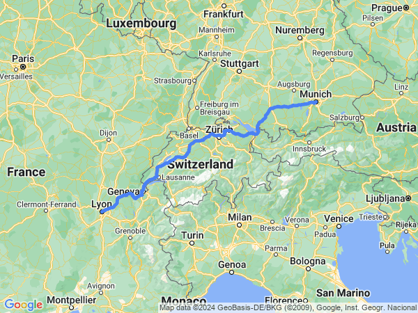 Map of Munich to Lyon