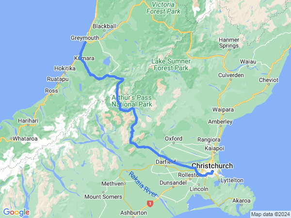 Map of Christchurch to Greymouth