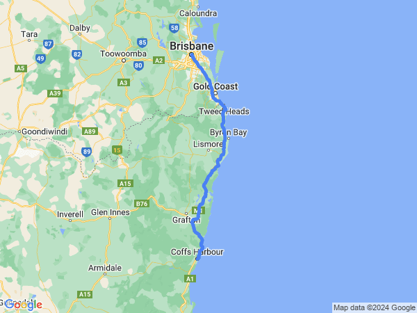 Map of Brisbane to Coffs Harbour