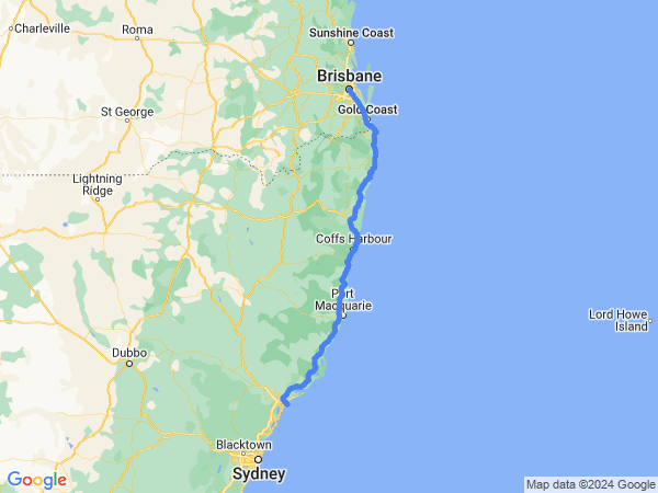 Map of Newcastle to Brisbane