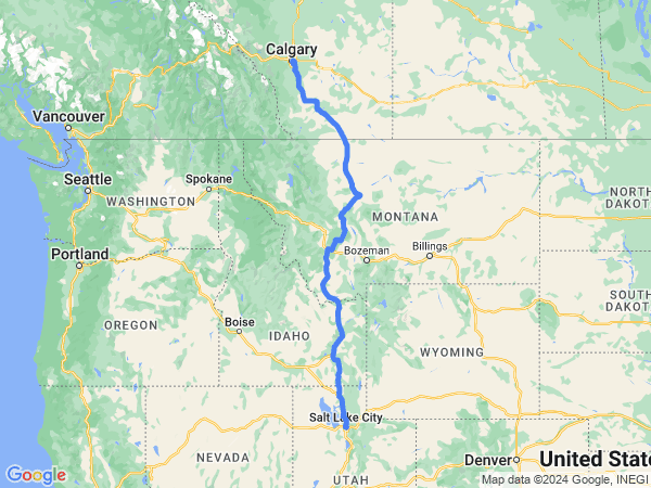 Map of Salt Lake City to Calgary