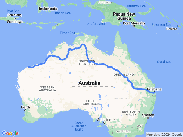 Map of Karratha to Brisbane