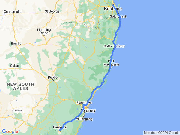 Map of Brisbane to Canberra