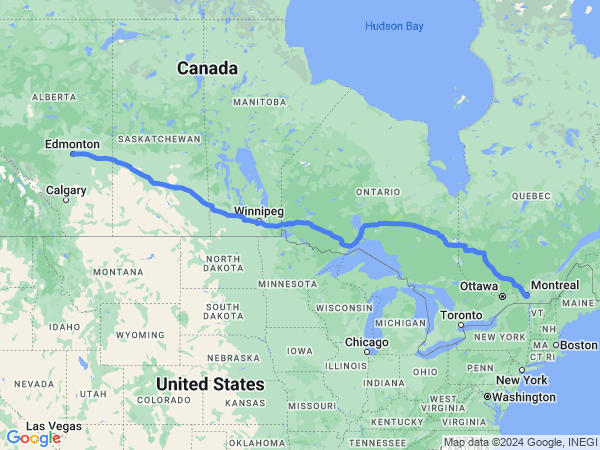 Map of Edmonton to Montreal