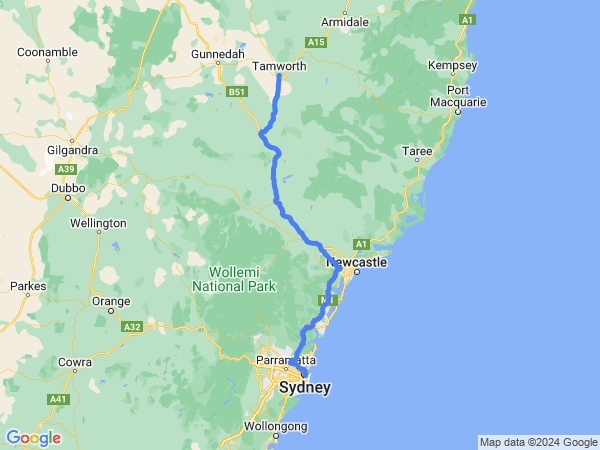 Map of Sydney to Tamworth