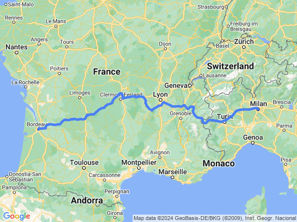 Map of Bordeaux to Milan