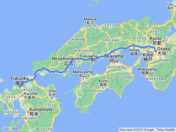 Map of Osaka to Fukuoka