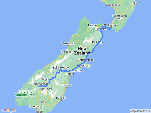 Map of Wellington to Queenstown