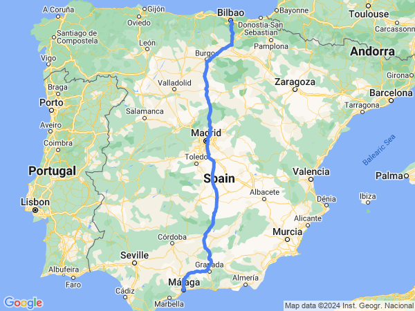 Map of Malaga to Bilbao