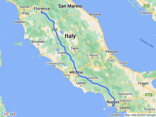 Map of Naples to Florence