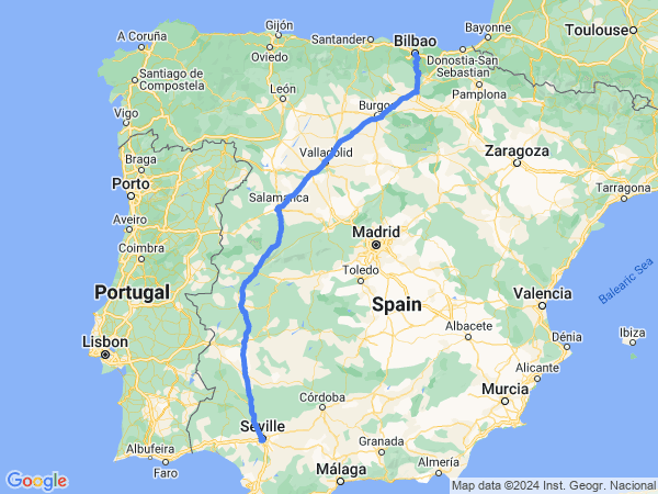 Map of Seville to Bilbao