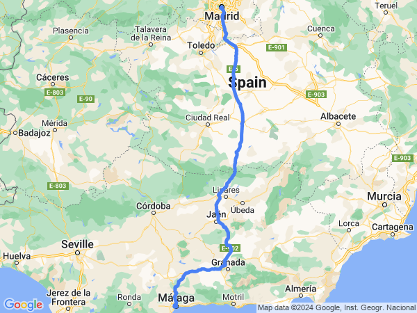 Map of Malaga to Madrid