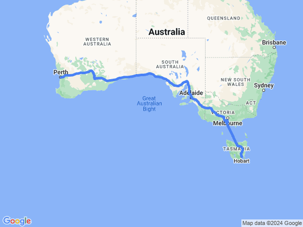 Map of Hobart to Perth