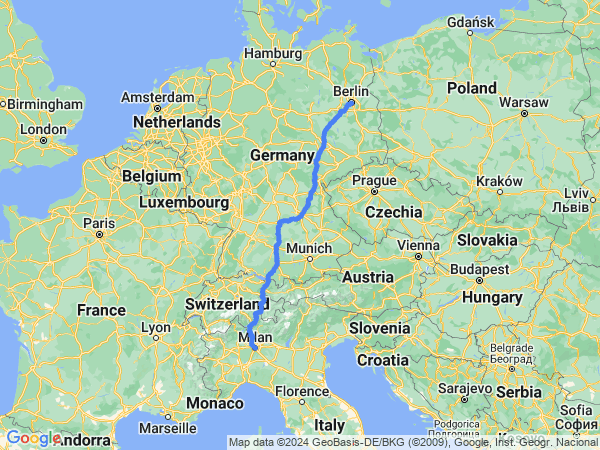 Map of Milan to Berlin