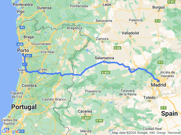 Map of Porto to Madrid