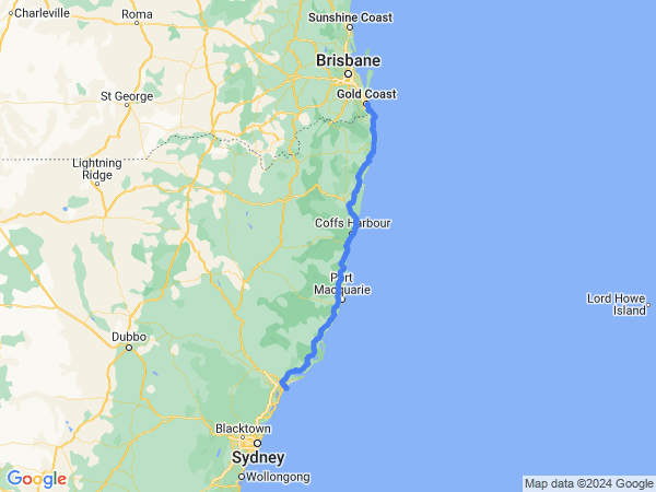 Map of Newcastle to Gold Coast