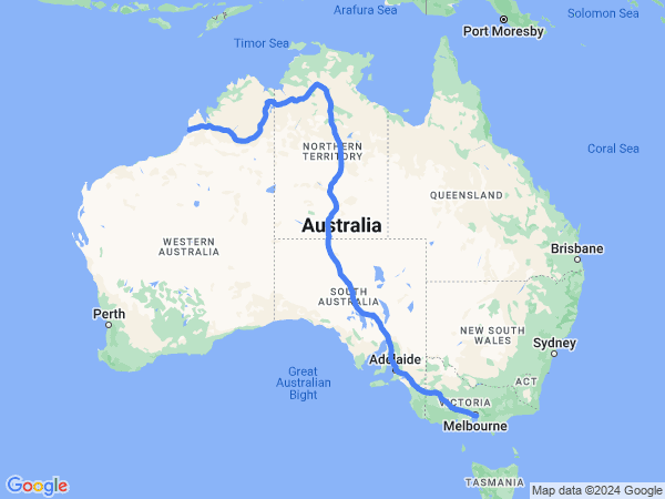 Map of Broome to Melbourne