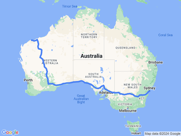 Map of Karratha to Sydney