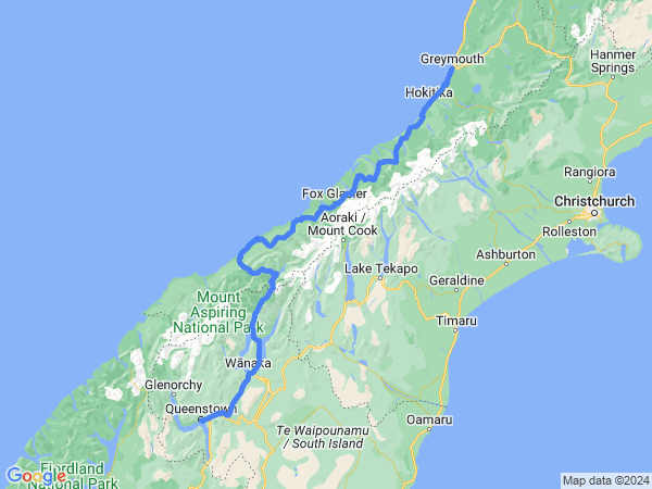 Map of Queenstown to Greymouth