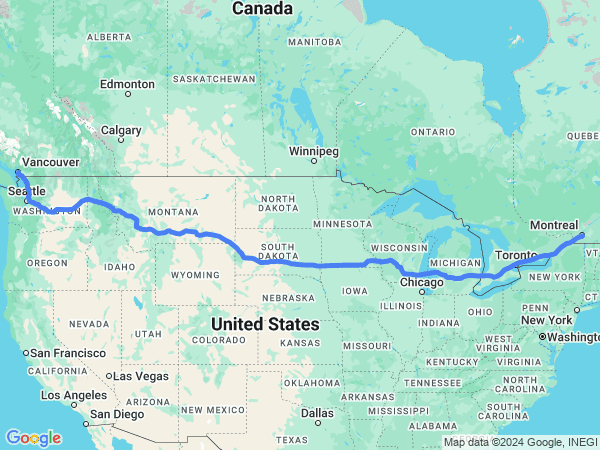 Map of Montreal to Vancouver