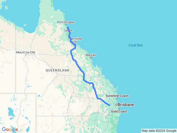 Map of Cairns to Toowoomba