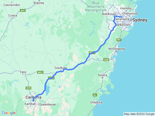 Map of Parramatta to Canberra