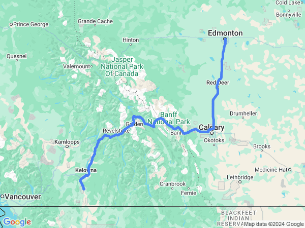 Map of Penticton to Edmonton