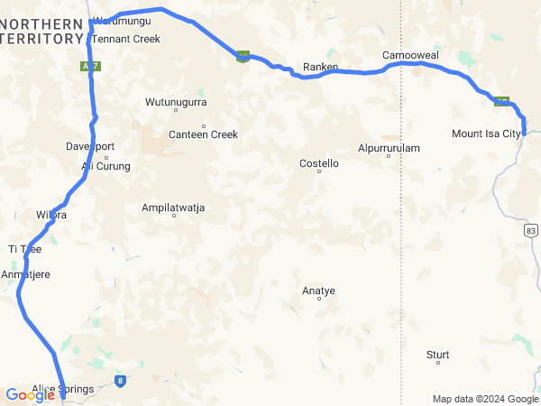 Map of Alice Springs to Mount Isa