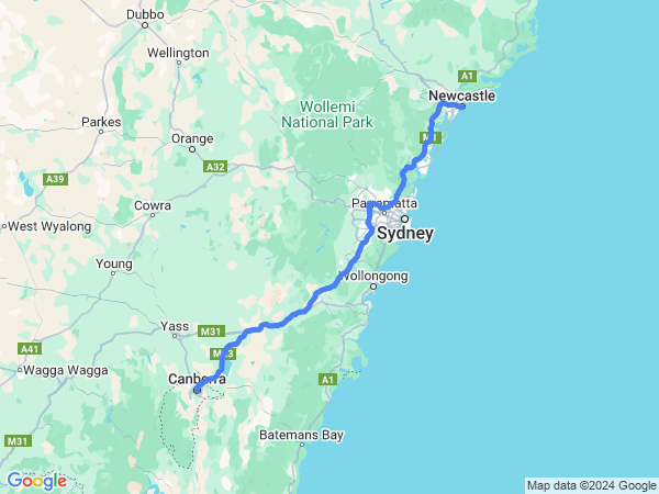 Map of Newcastle to Canberra