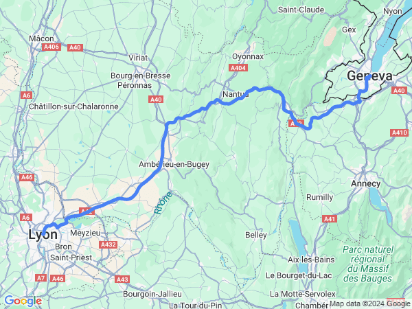 Map of Lyon to Geneva