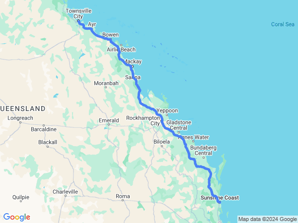 Map of Townsville to Sunshine Coast