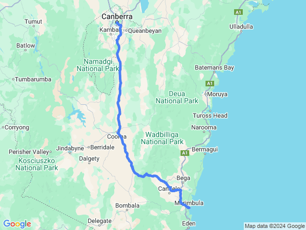 Map of Merimbula to Canberra