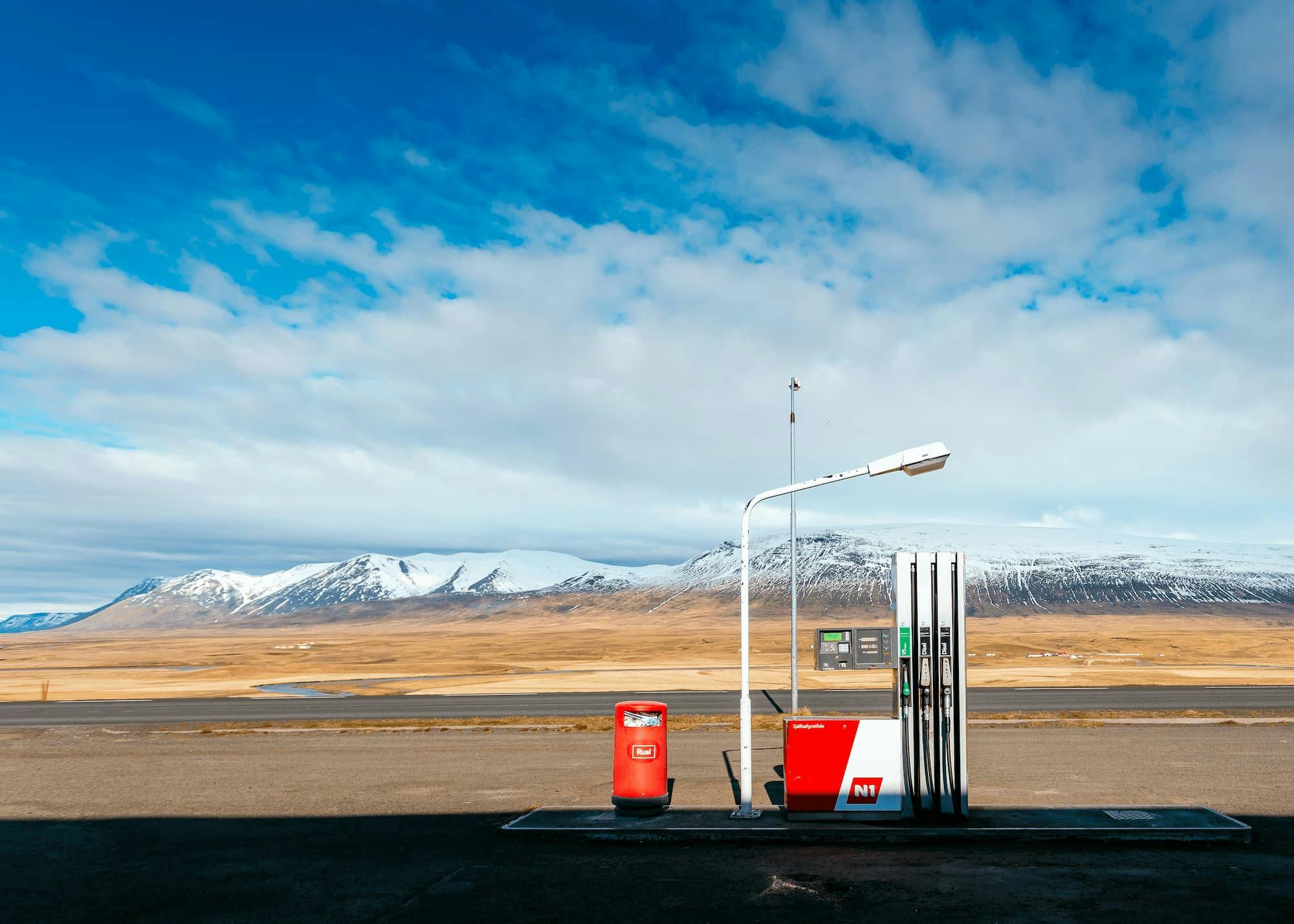 Gas station infront of mountains
